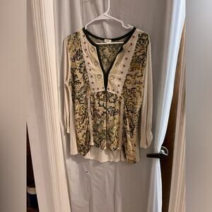 Anthropologie Moth white green embroidered lace accented boho top size m